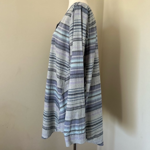 J. Jill Aztec Gray Blue Stripe Popover Half Button Blouse Top 100% Cotton Medium - Picture 9 of 12